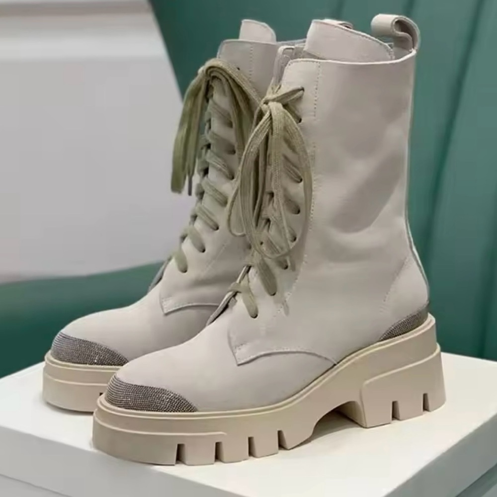 LATEST TREND OFF-WHITE  GENUINE SUEDE LEATHER BOOTS WITH BEADING AND LECES